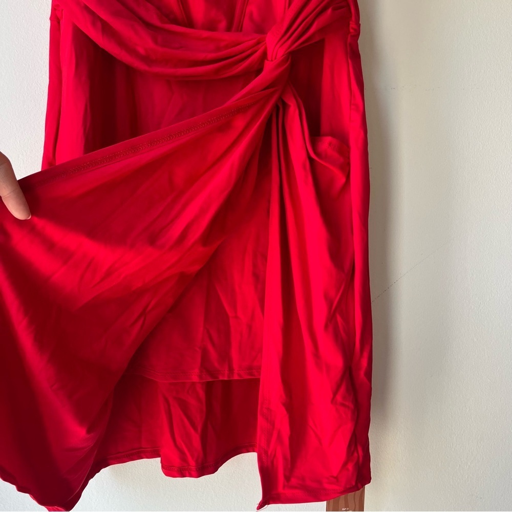 SHEIN SXY Red Knot Front Ruched Bodycon Mini Dress Women’s L NWT Party Cocktail - Picture 3 of 8
